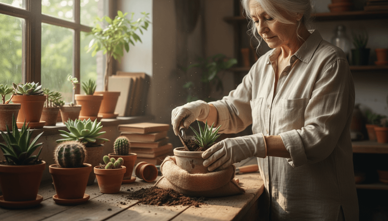 Senior woman carefully potting a succulent plant with soil in a ceramic pot with natural lighting