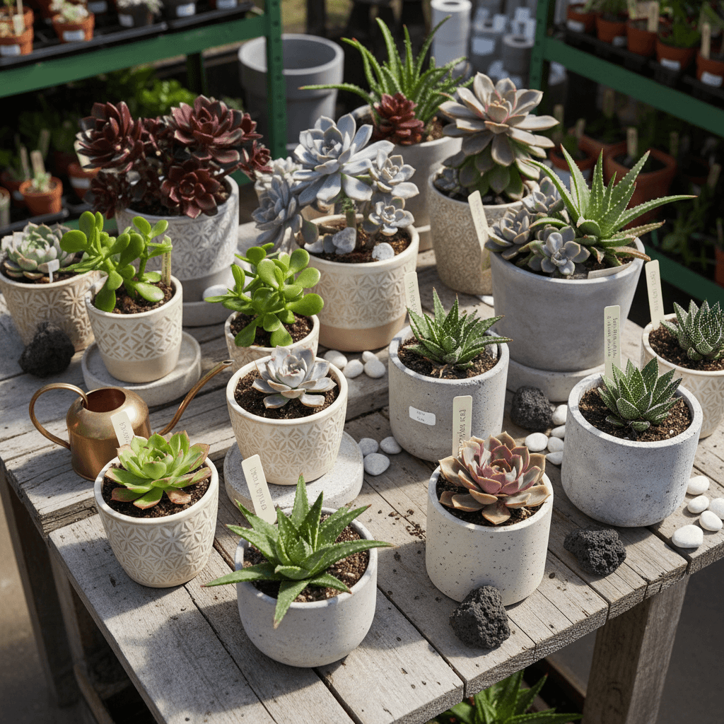 Beautifully arranged potted succulents on a bright wooden shelf