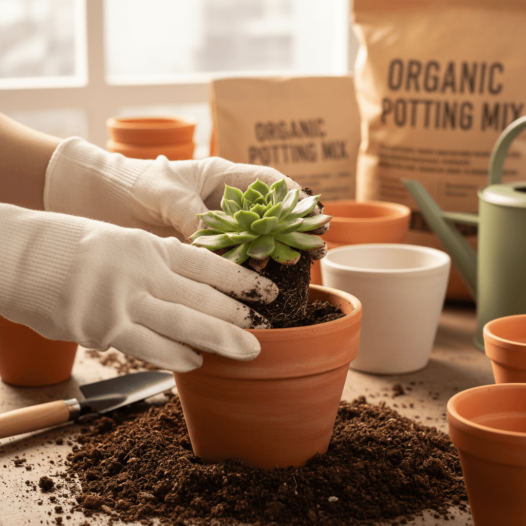 Two people of different ages planting succulents together in a bright, welcoming workspace